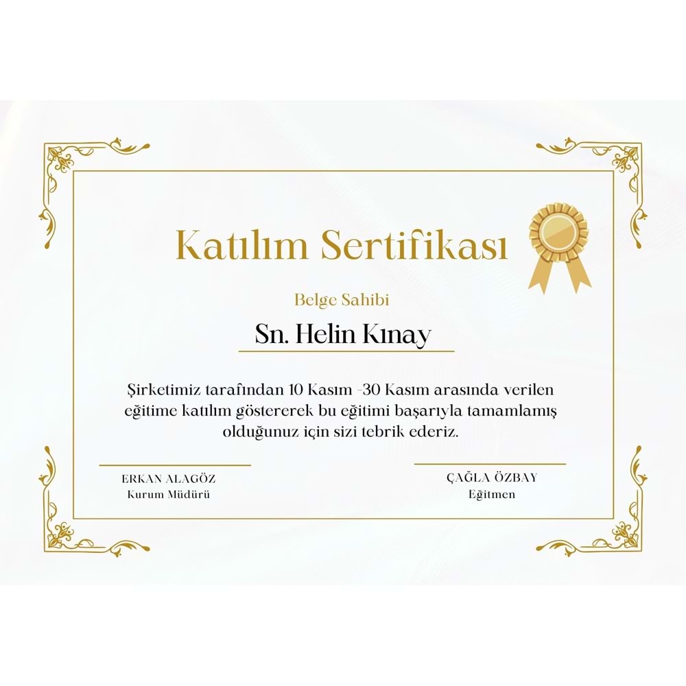 Beyaz Altın Zarif Kurumsal Eğitim Katılım Sertifikası