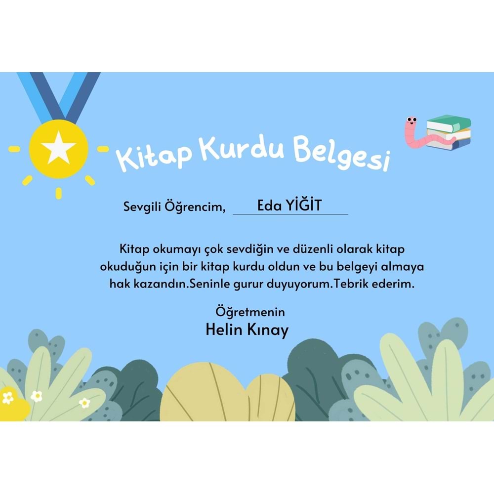 Mavi Sevimli Kitap Kurdu Belgesi Sertifika