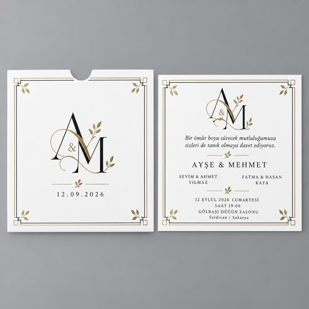 250 Adet Altın Monogram Kare Zarflı Düğün Davetiyesi