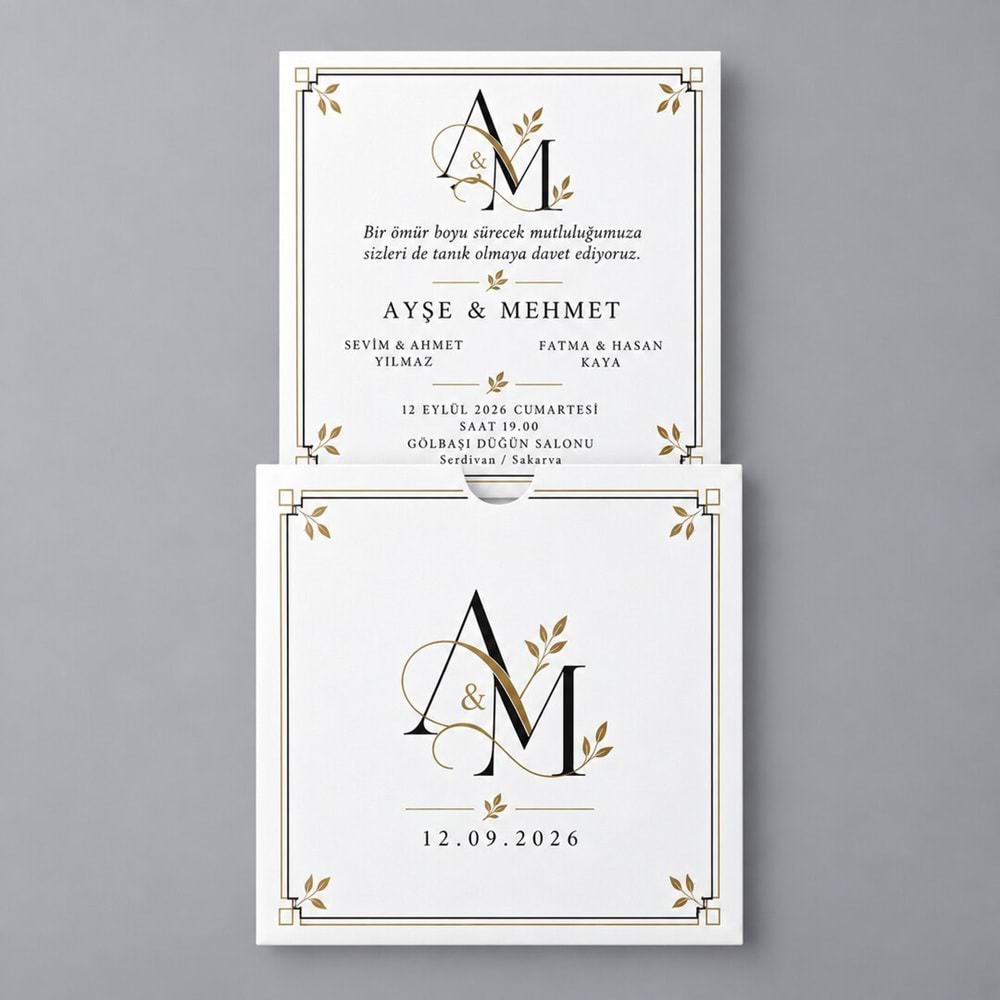 250 Adet Altın Monogram Kare Zarflı Düğün Davetiyesi