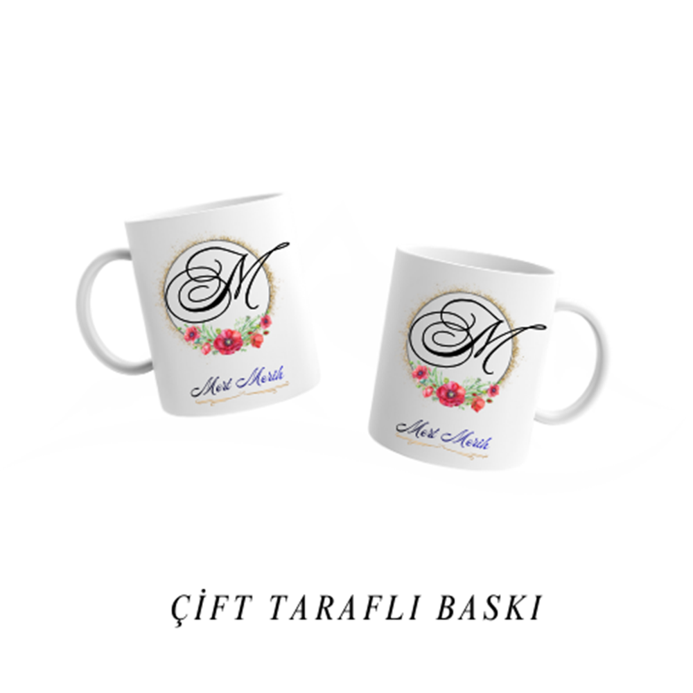 Kişiye Özel M Harfi ve İsim Yazılı Kupa Bardak