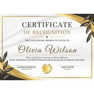 Gold and Black Elegant Certificate of Recognition ( A4 - 300 gr )