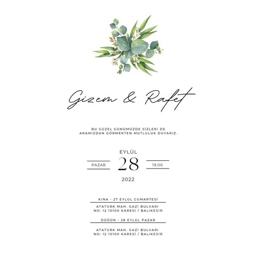 Yeşil Buket Çiçek Zarif Sade Minimalist Düğün Davetiyesi