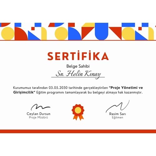 Beyaz Renkli Eğitim Katılım Sertifika