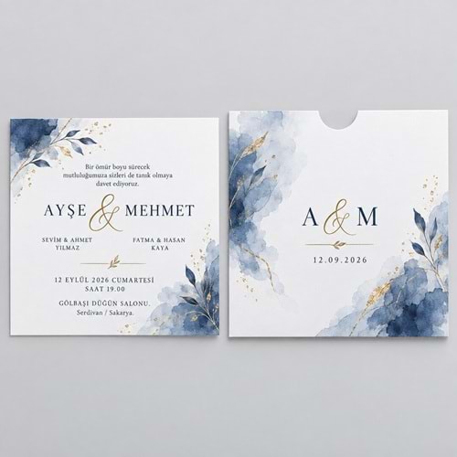 500 Adet Mavi Mermer Kare Zarflı Düğün Davetiyesi