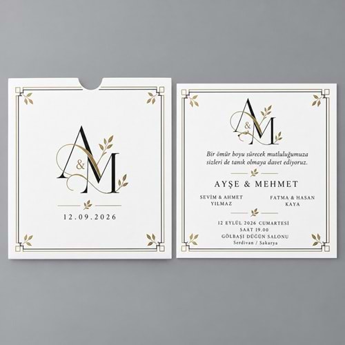 250 Adet Altın Monogram Kare Zarflı Düğün Davetiyesi