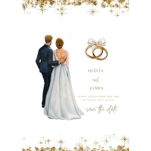 White and Golden Elegant Aesthetic Bohemian Watercolor Illustrated Wedding Invitation