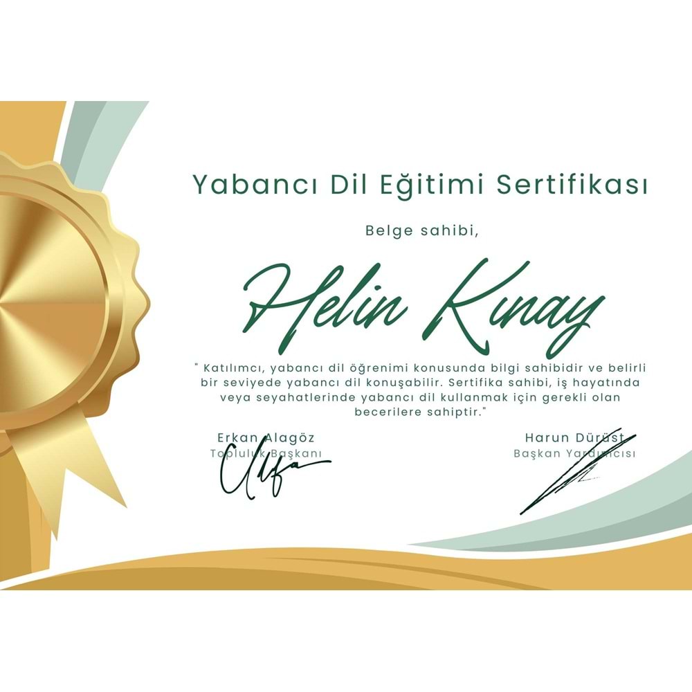 Altın Sarısı Ve Yeşil Şık Yabancı Dil Eğitim Sertifikası ( A4 - 300 gr )