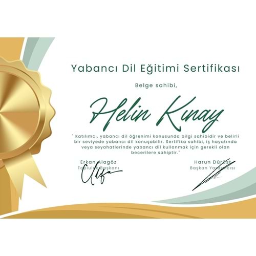 Altın Sarısı Ve Yeşil Şık Yabancı Dil Eğitim Sertifikası ( A4 - 120 gr )