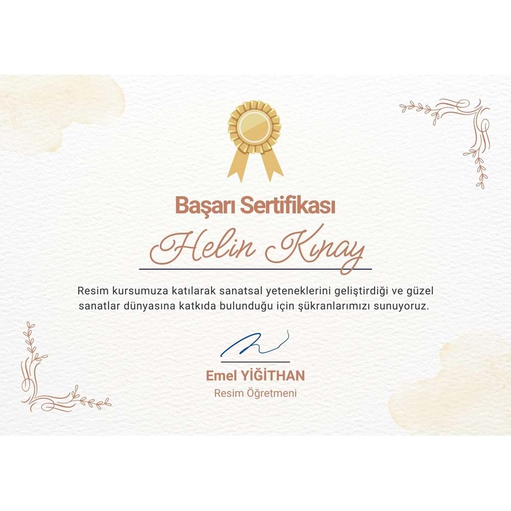 Bej ve Sarı Şık Resim Kursu Sertifikası ( A4 - 300 gr )