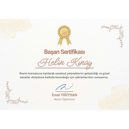 Bej ve Sarı Şık Resim Kursu Sertifikası ( A4 - 120 gr )