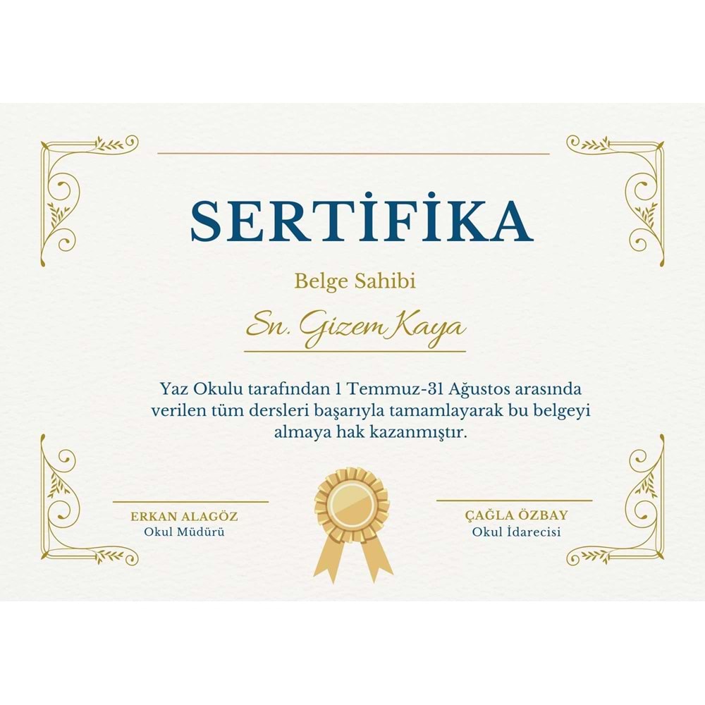 Bej Zarif Yaz Okulu Sertifika ( A4 - 300 gr )