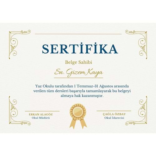 Bej Zarif Yaz Okulu Sertifika ( A4 - 300 gr )