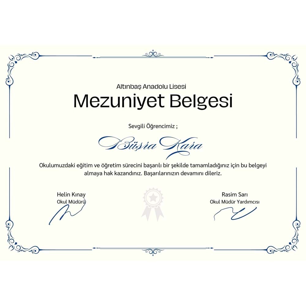 Beyaz Lacivert Minimal Sade Mezuniyet Belgesi ( A4 - 300 gr )