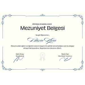 Beyaz Lacivert Minimal Sade Mezuniyet Belgesi ( A4 - 300 gr )