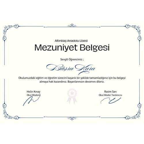 Beyaz Lacivert Minimal Sade Mezuniyet Belgesi ( A4 - 300 gr )
