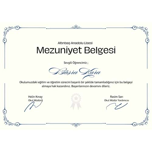 Beyaz Lacivert Minimal Sade Mezuniyet Belgesi ( A4 - 120 gr )