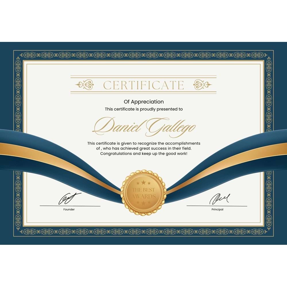 Blue Gold Classic Elegant Appreciation Certificate ( A4 - 300 gr )