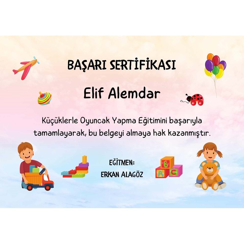 Çocuk Başarı Sertifikası Oyuncak Yapma Eğitimi Renkli Sertifika ( A4 - 300 gr )