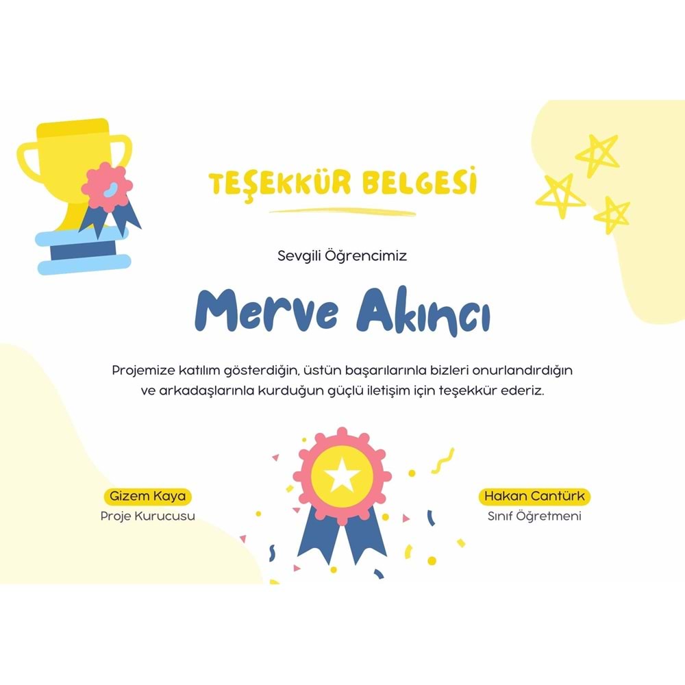 Çok Renkli ve Eğlenceli Teşekkür Belgesi Yatay Öğrenci Sertifikası ( A4 - 300 gr )