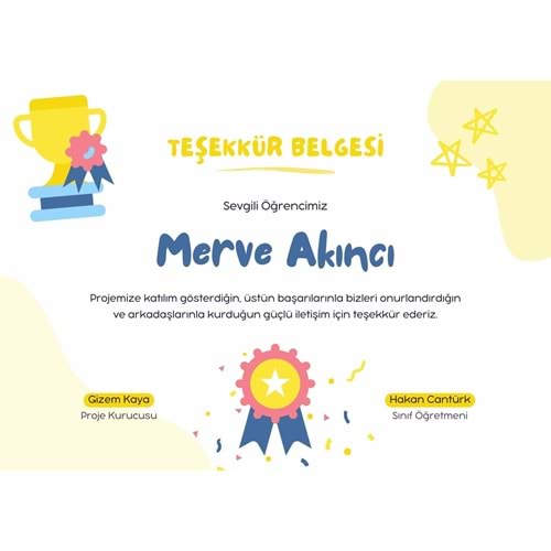 Çok Renkli ve Eğlenceli Teşekkür Belgesi Yatay Öğrenci Sertifikası ( A4 - 300 gr )
