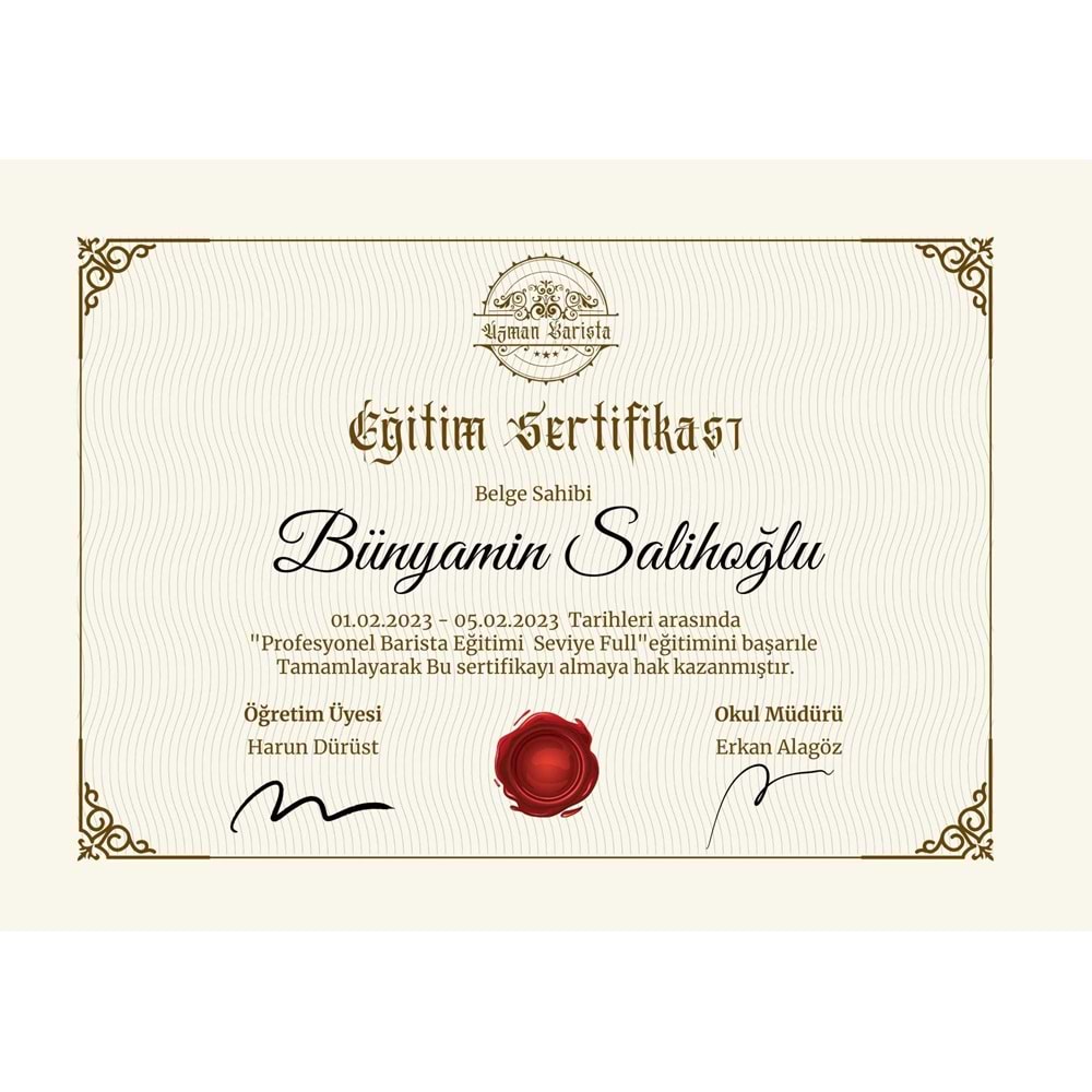Ekru Kahverengi Sade Barista Eğitim Sertifikası ( A4 - 300 gr )