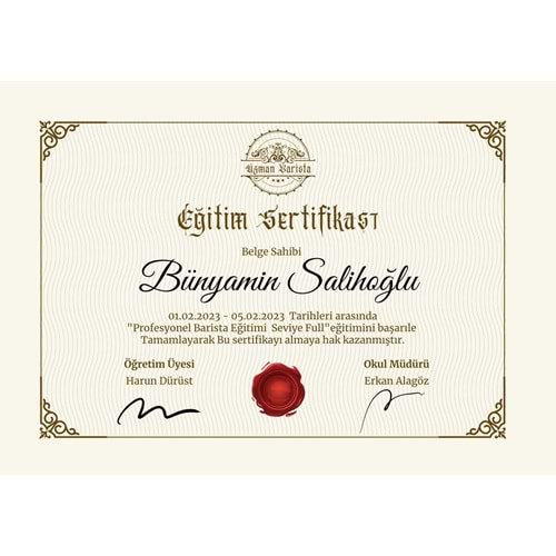 Ekru Kahverengi Sade Barista Eğitim Sertifikası ( A4 - 120 gr )