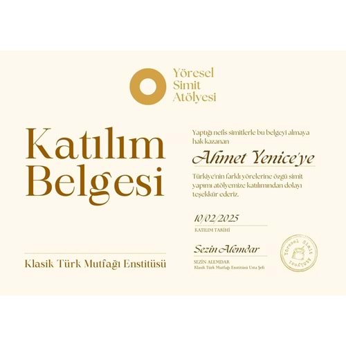 Krem Rengi Yöresel Simit Atölyesi Katılım Belgesi ( A4 - 120 gr )