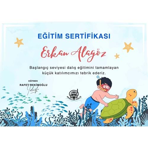 Mavi Sade Çocuk Deniz Altı Dalış Eğitim Başarı Sertifikası ( A4 - 200 gr )