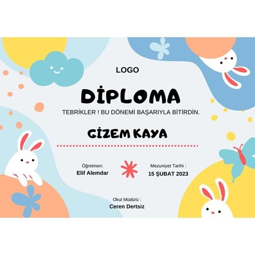 Mavi Sarı Renkli Sevimli Eğlenceli Anaokulu Diploması Sertifika ( A4 - 120 gr )