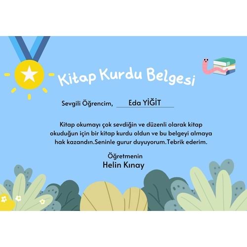Mavi Sevimli Kitap Kurdu Belgesi Sertifika ( A4 - 200 gr )