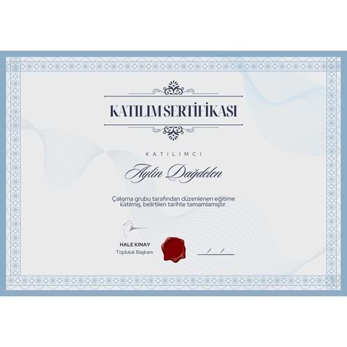 Mavi ve Beyaz Sade Minimalist Yatay Katılım Sertifikası ( A4 - 200 gr )