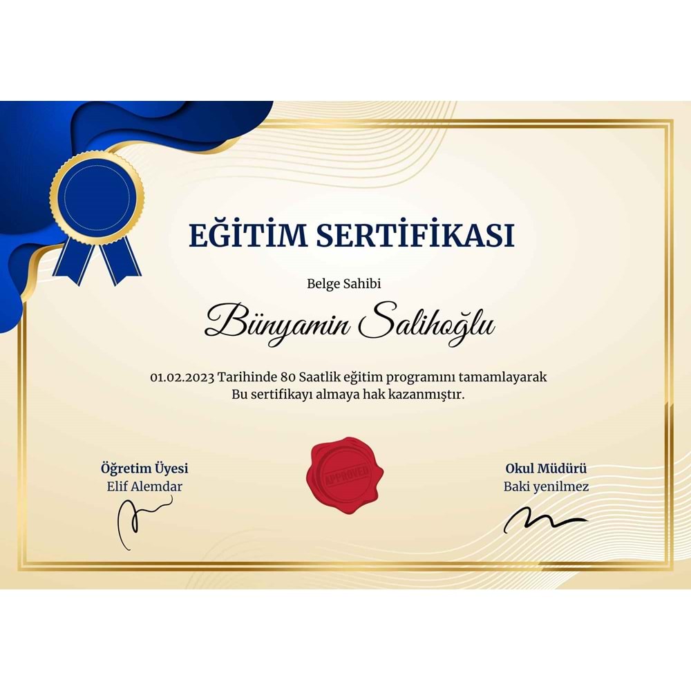 Sarı Lacivert Modern Eğitim Sertifika ( A4 - 300 gr )