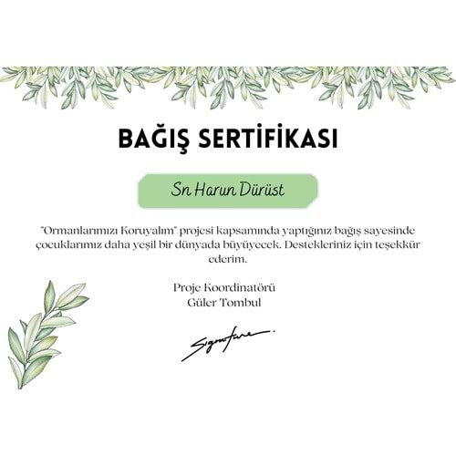 Yeşil Doğa Orman Ağaç Bağışı Teşekkür Sertifikası ( A4 - 300 gr )