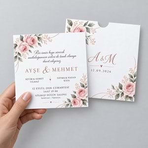 500 Adet Pembe Gül Bahçesi Kare Zarflı Düğün Davetiyesi