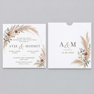 500 Adet Bohem Pampas Kare Zarflı Düğün Davetiyesi