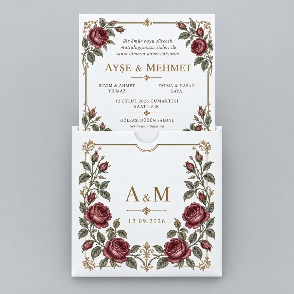 500 Adet Bordo Gül Bahçesi Kare Zarflı Düğün Davetiyesi