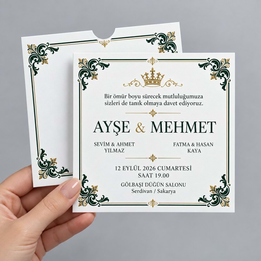 500 Adet Zümrüt Kraliyet Kare Zarflı Düğün Davetiyesi
