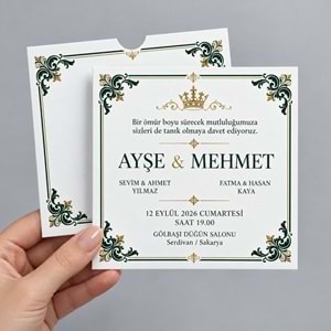 500 Adet Zümrüt Kraliyet Kare Zarflı Düğün Davetiyesi