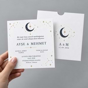 250 Adet Ay Işığı Kare Zarflı Düğün Davetiyesi