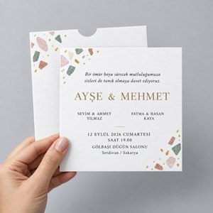 250 Adet Pastel Terrazzo Kare Zarflı Düğün Davetiyesi