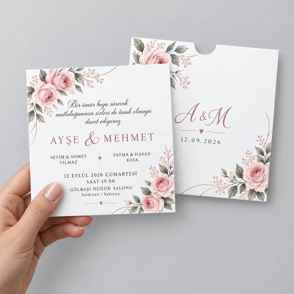 50 Adet Pembe Gül Bahçesi Kare Zarflı Düğün Davetiyesi