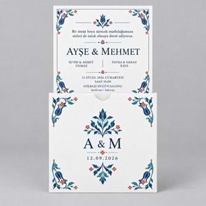 50 Adet İznik Bahçesi Kare Zarflı Düğün Davetiyesi