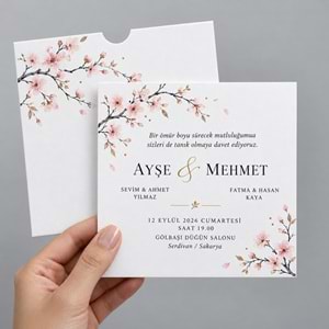 50 Adet Kiraz Çiçeği Kare Zarflı Düğün Davetiyesi