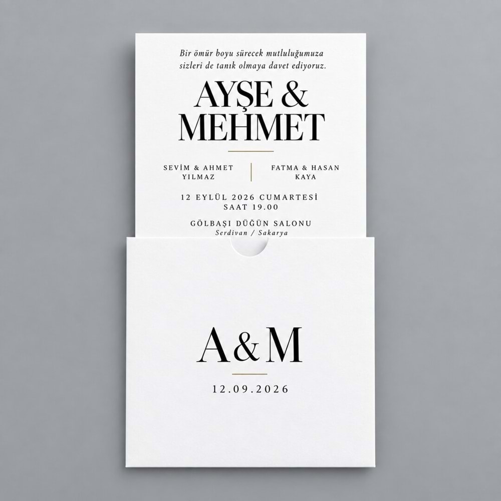 50 Adet Siyah Beyaz Minimal Kare Zarflı Düğün Davetiyesi