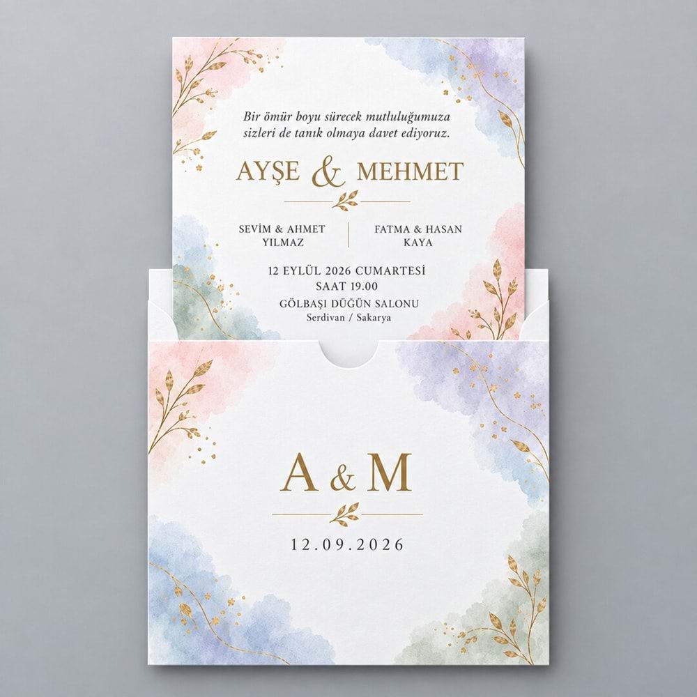 50 Adet Pastel Suluboya Kare Zarflı Düğün Davetiyesi