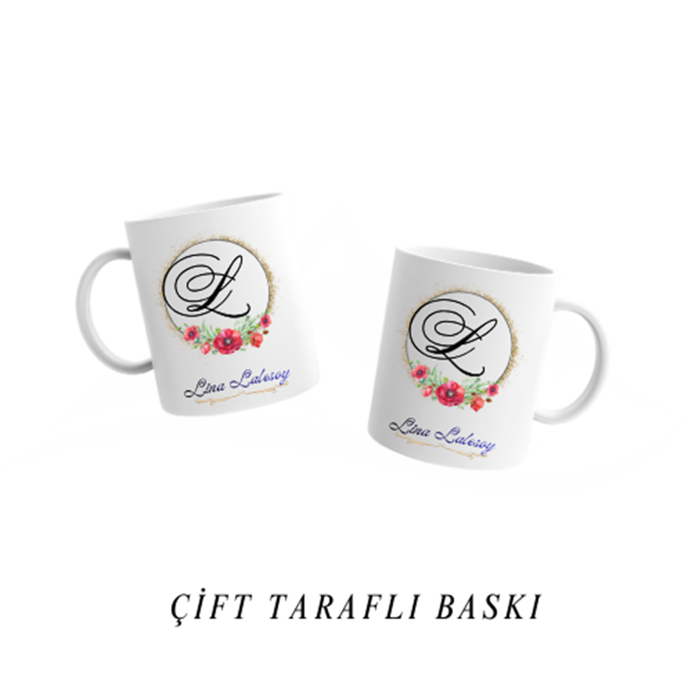 Kişiye Özel L Harfi ve İsim Yazılı Kupa Bardak
