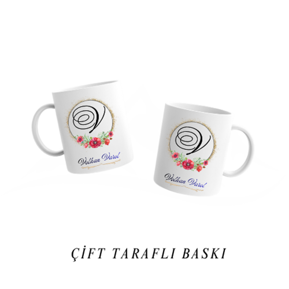 Kişiye Özel V Harfi ve İsim Yazılı Kupa Bardak